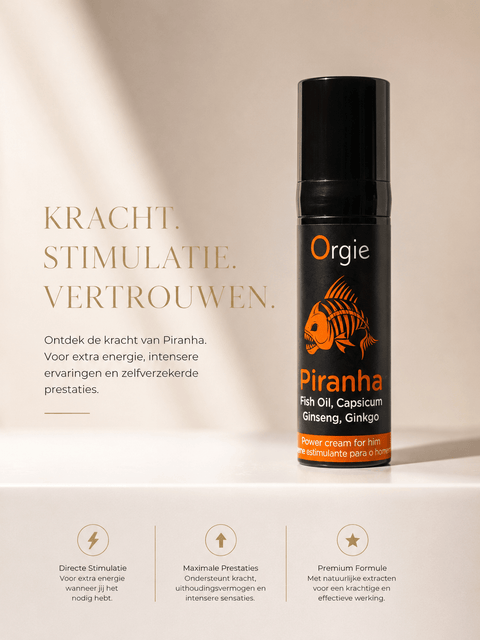 Orgie Piranha stimulerende crème voor mannen in zwarte pompflacon op lichte luxe productbanner