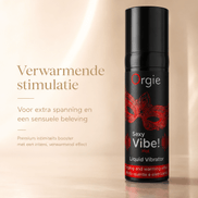 Orgie Sexy Vibe Hot Liquid Vibrator Gel Aardbei in zwarte flacon met rood maskerlabel en tekst Verwarmende stimulatie