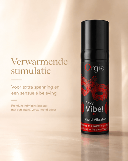 Orgie Sexy Vibe Hot Liquid Vibrator Gel Aardbei in zwarte flacon met rood maskerlabel en tekst Verwarmende stimulatie