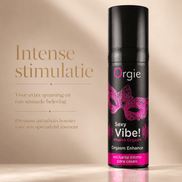Orgie Sexy Vibe Intense Orgasm Gel 15 ml in zwarte flacon met fuchsia maskerprint en tekst Intense stimulatie