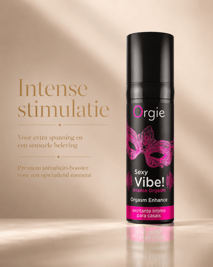 Orgie Sexy Vibe Intense Orgasm Gel 15 ml in zwarte flacon met fuchsia maskerprint en tekst Intense stimulatie