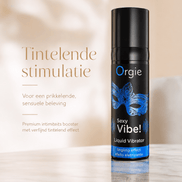 Orgie Sexy Vibe Liquid Vibrator Gel 15 ml in zwarte flacon met blauw maskerlabel en tekst Tintelende stimulatie
