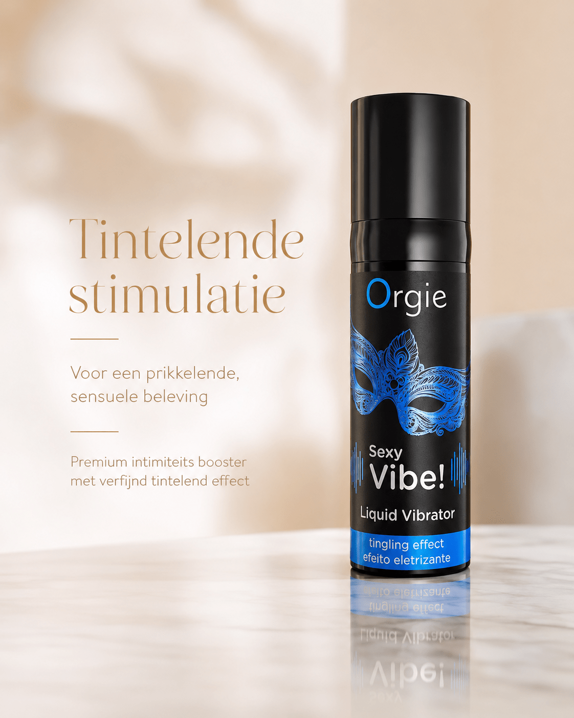 Orgie Sexy Vibe Liquid Vibrator Gel 15 ml in zwarte flacon met blauw maskerlabel en tekst Tintelende stimulatie