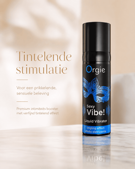 Orgie Sexy Vibe Liquid Vibrator Gel 15 ml in zwarte flacon met blauw maskerlabel en tekst Tintelende stimulatie