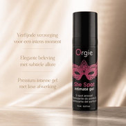 Orgie She Spot Gel 15 ml zwarte pompflacon met roze maskerprint en tekst over premium intieme gel