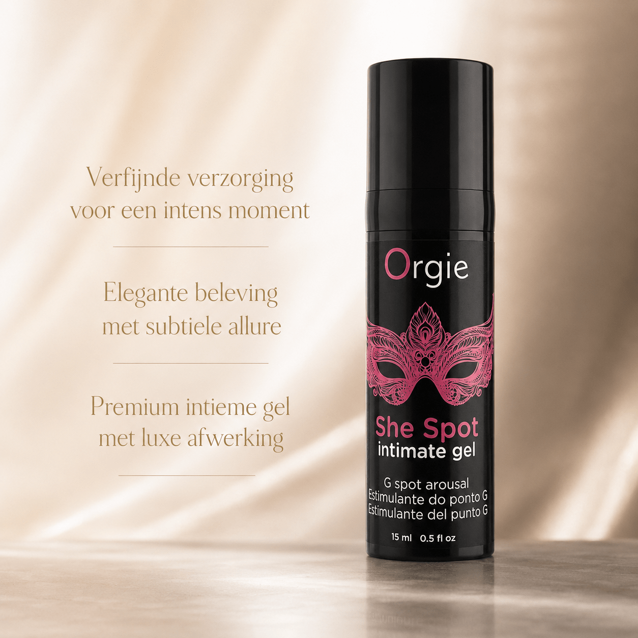 Orgie She Spot Gel 15 ml zwarte pompflacon met roze maskerprint en tekst over premium intieme gel
