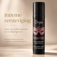Orgie Tighten Gel in zwarte flacon met roze maskerprint en tekst Intieme versteviging op warme beige achtergrond