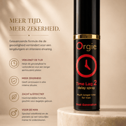 Orgie Time Lag 2 vertraag spray zwarte flacon op beige podium met tekst Meer tijd, meer zekerheid links