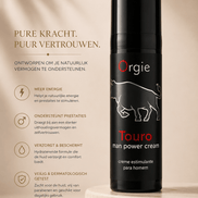 Orgie Touro Max sprayflacon in zwart en rood op beige podium, met informatieve tekst links