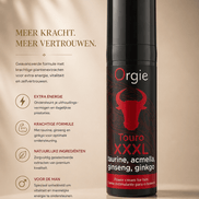 Orgie Touro XXXL Mini Drops flesje in zwart en rood op beige achtergrond met informatieve tekst links