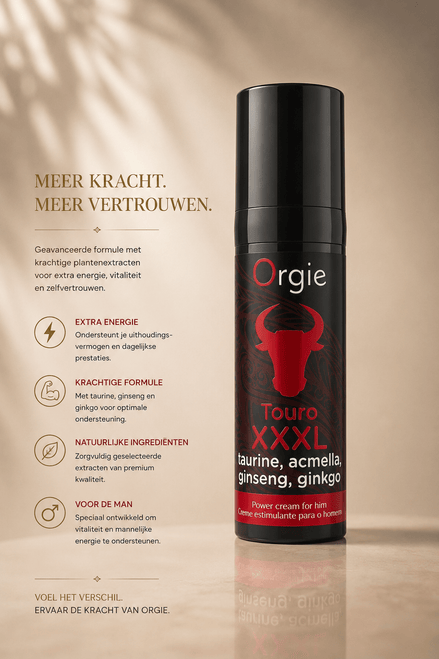 Orgie Touro XXXL Mini Drops flesje in zwart en rood op beige achtergrond met informatieve tekst links