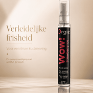 Orgie Wow Bucal Spray Aardbeienijs 10 ml in slanke zwarte sprayflacon met rode tekst en transparante dop