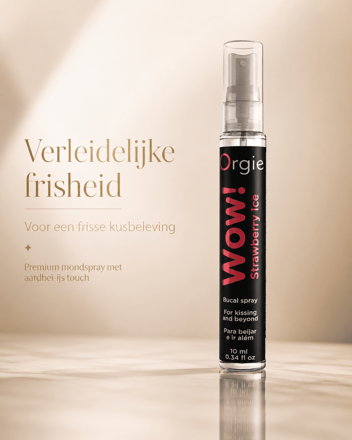 Orgie Wow Bucal Spray Aardbeienijs 10 ml in slanke zwarte sprayflacon met rode tekst en transparante dop