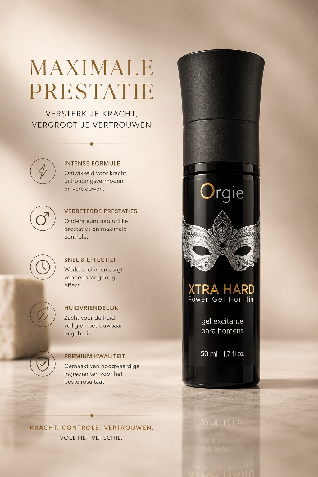 Orgie Xtra Hard Power Gel For Him zwarte flacon 50 ml met zilveren masker en tekst Maximale prestatie