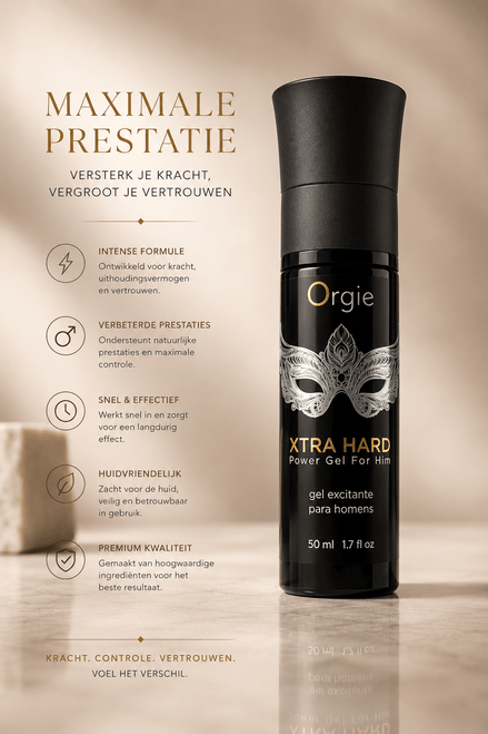 Orgie Xtra Hard Power Gel For Him zwarte flacon 50 ml met zilveren masker en tekst Maximale prestatie
