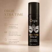 Orgie Xtra Time delay gel 15 ml in zwarte flacon met maskerdesign, luxe productbeeld in zachte beige setting