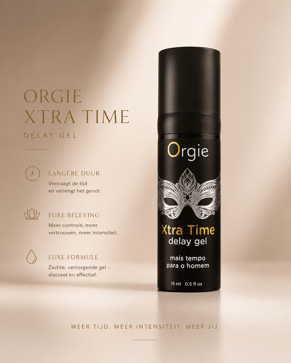 Orgie Xtra Time delay gel 15 ml in zwarte flacon met maskerdesign, luxe productbeeld in zachte beige setting