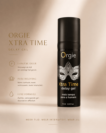 Orgie Xtra Time delay gel 15 ml in zwarte flacon met maskerdesign, luxe productbeeld in zachte beige setting
