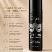 Orgie Xtra Time delay serum zwarte flacon 15 ml met zilveren masker en tekst Langer plezier, meer vertrouwen