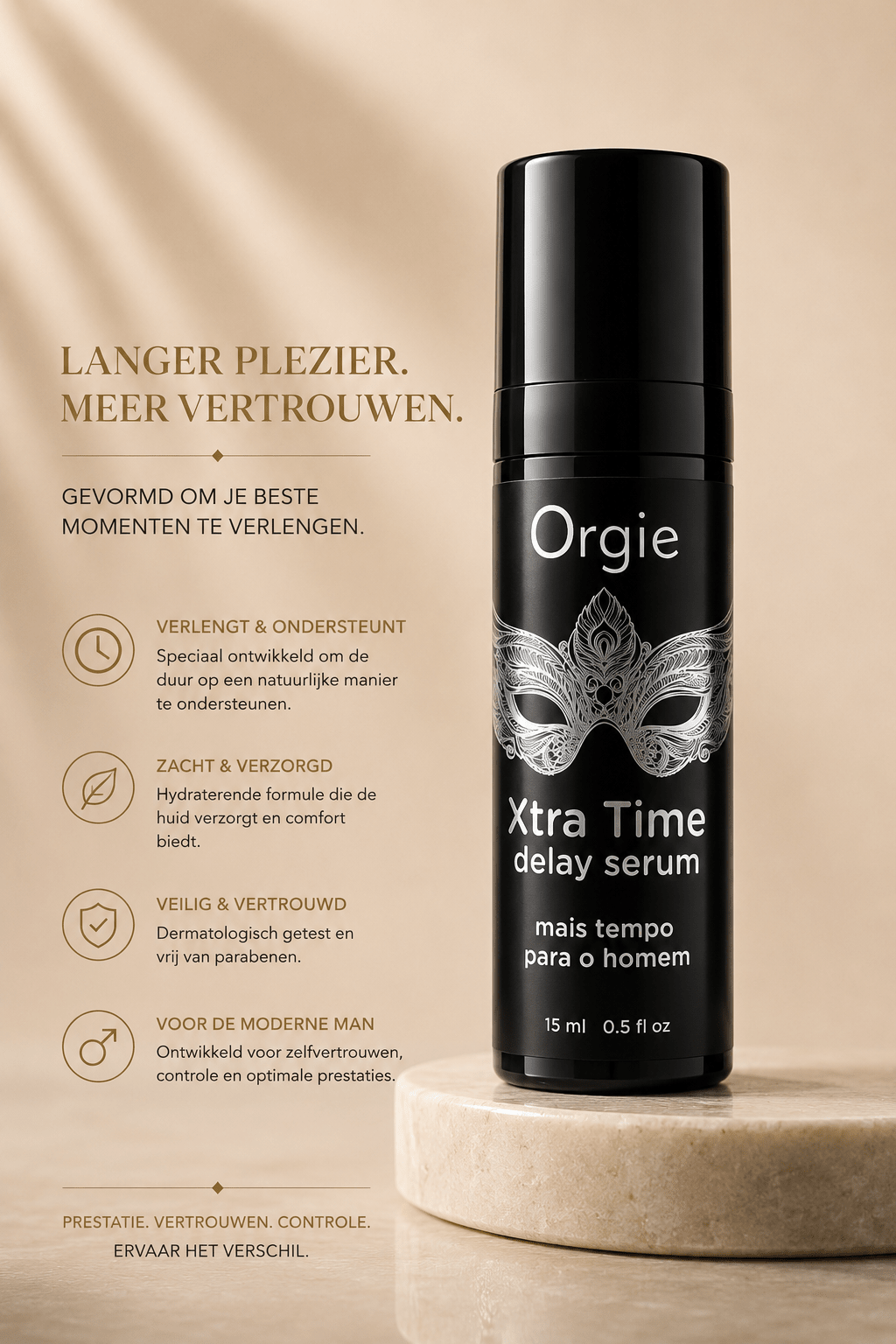 Orgie Xtra Time delay serum zwarte flacon 15 ml met zilveren masker en tekst Langer plezier, meer vertrouwen
