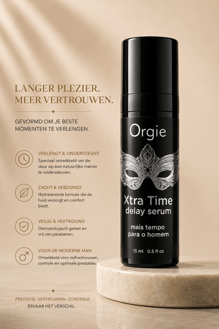 Orgie Xtra Time delay serum zwarte flacon 15 ml met zilveren masker en tekst Langer plezier, meer vertrouwen