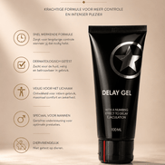 Ouch! by Shots Vertraag Gel zwarte tube op warme beige achtergrond, met tekst en iconen links