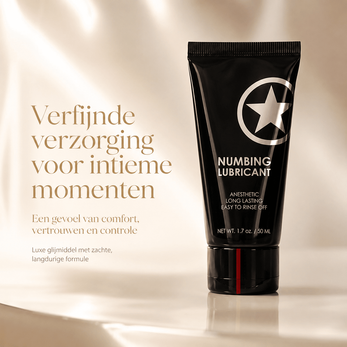Ouch! zwarte Numbing Lubricant 50 ml in luxe beige campagnebeeld voor zachte verzorging en comfort
