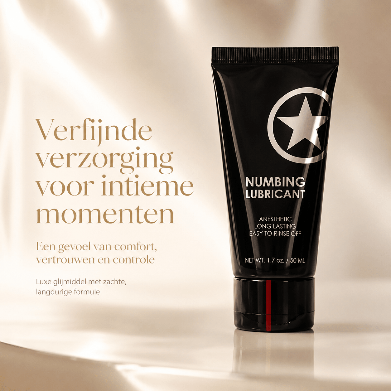 Ouch! zwarte Numbing Lubricant 50 ml in luxe beige campagnebeeld voor zachte verzorging en comfort