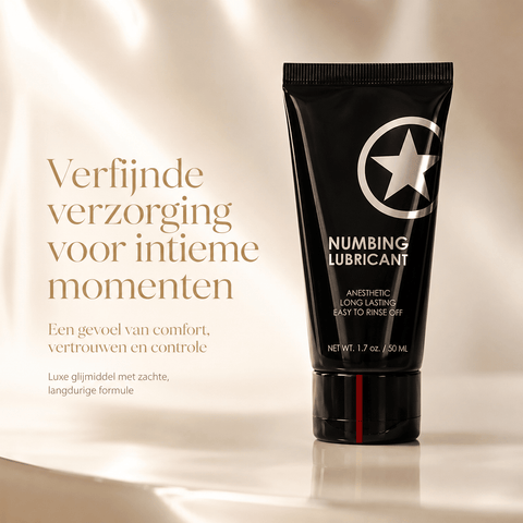Ouch! zwarte Numbing Lubricant 50 ml in luxe beige campagnebeeld voor zachte verzorging en comfort