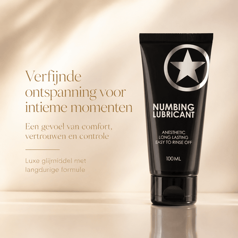 Ouch! zwarte Numbing Lubricant tube in luxe beige campagnebeeld voor comfort en ontspanning bij intieme momenten