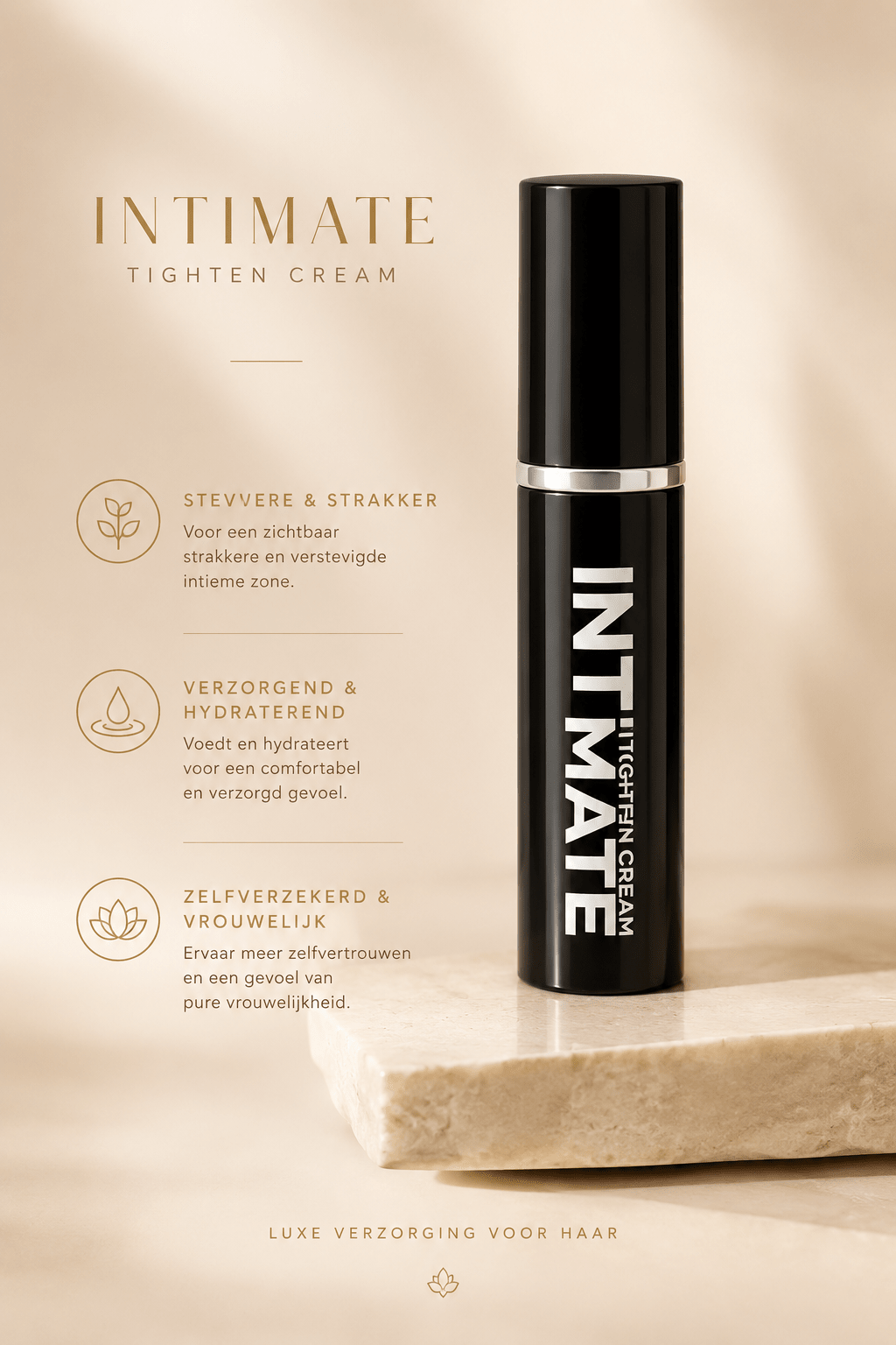 Pharmquests Female Spray Intieme Verstevigende Crème in zwarte flacon op marmeren plateau.