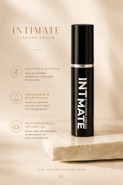 Pharmquests Female Spray Intieme Verstevigende Crème in zwarte flacon op marmeren plateau.