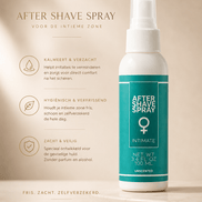 Pharmquests Intieme After Shave Spray 100 ml in witte sprayflacon met turquoise etiket op marmeren plateau.