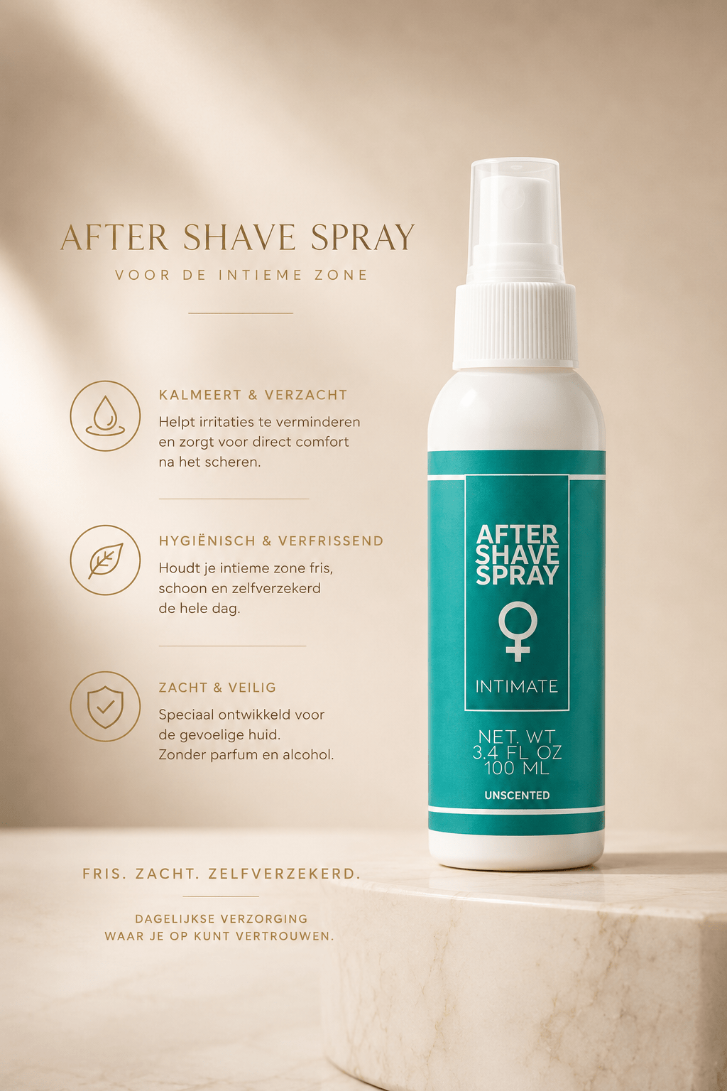 Pharmquests Intieme After Shave Spray 100 ml in witte sprayflacon met turquoise etiket op marmeren plateau.