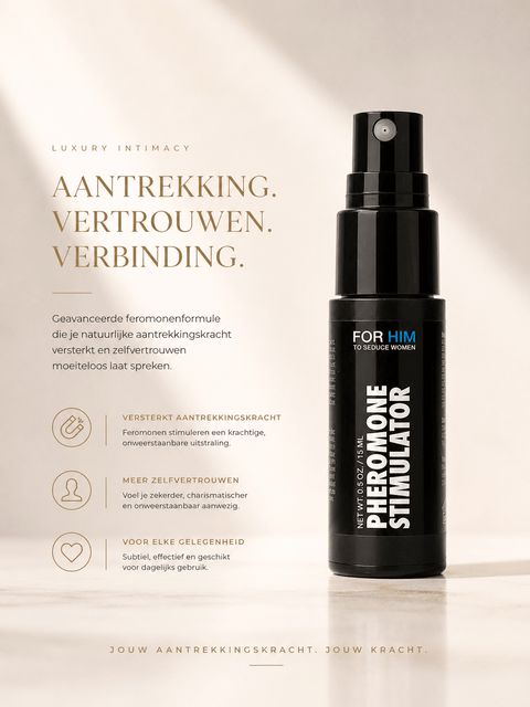Zwarte Pheromone Stimulator for Him sprayflacon op beige achtergrond met elegante producttekst