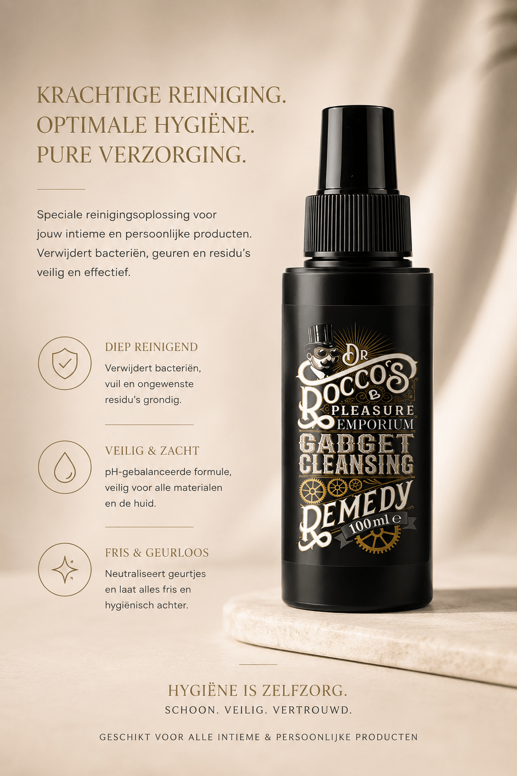 Rocks Off Gadget Cleaner speelgoedreiniger 100 ml in zwarte sprayflacon met tekst Krachtige reiniging