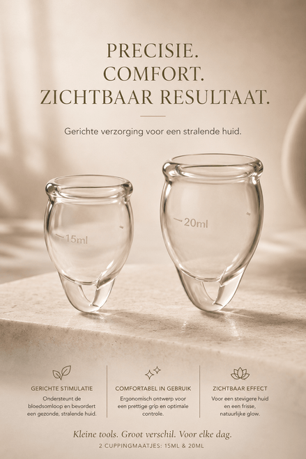 Satisfyer menstruatiecup set transparant 15 en 20 ml met twee heldere cups en tekst Precisie, comfort, zichtbaar resultaat