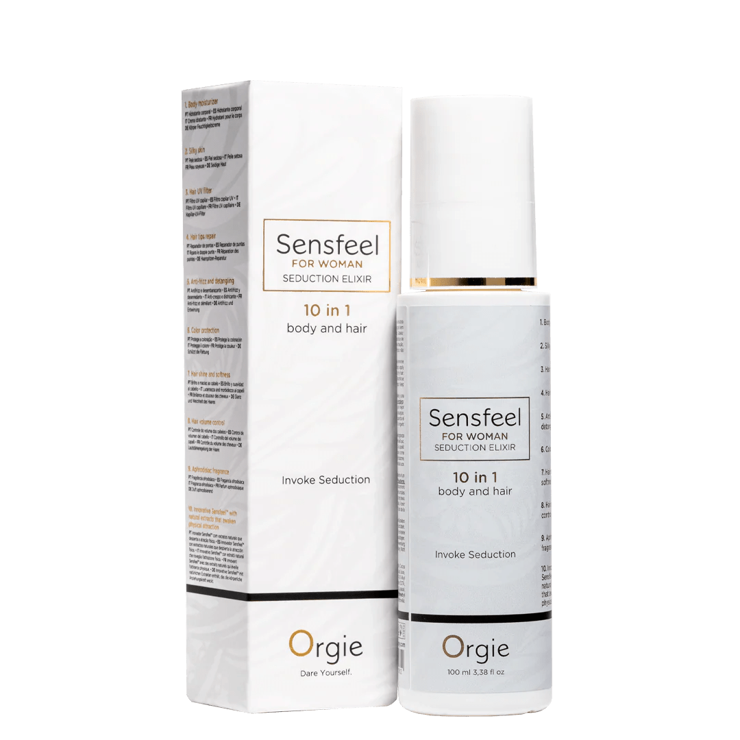 Verpakking en fles Orgie Sensfeel hair & body emulsion 100 ml – met feromonen