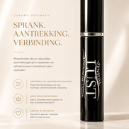 Sensuva Lust feromonenspray in zwarte flacon op lichte luxe banner met tekst Sprank, aantrekking, verbinding
