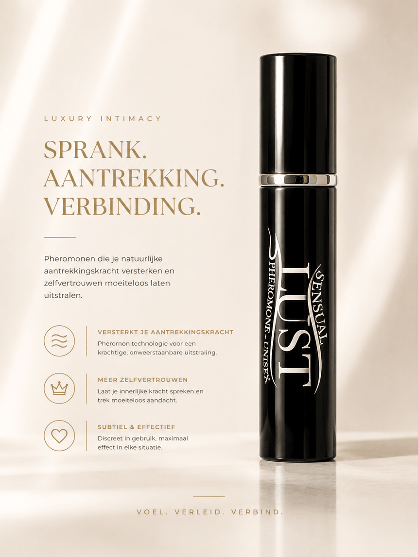 Sensuva Lust feromonenspray in zwarte flacon op lichte luxe banner met tekst Sprank, aantrekking, verbinding