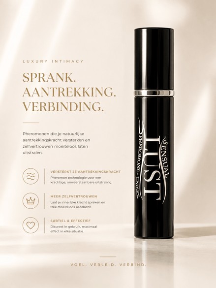 Sensuva Lust feromonenspray in zwarte flacon op lichte luxe banner met tekst Sprank, aantrekking, verbinding