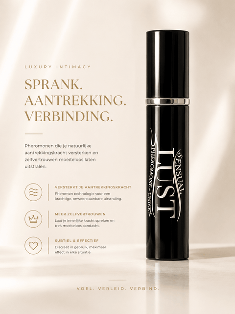 Sensuva Lust feromonenspray in zwarte flacon op lichte luxe banner met tekst Sprank, aantrekking, verbinding