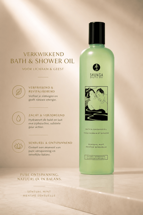 Shunga Bad- en Douchegel Sensual Mint 370 ml in lichtgroene flacon met zwarte dop op beige wellnessdecor.