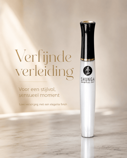 Shunga Divine Oral Lipgloss Aardbei Sprankelende Wijn 10 ml in witte flacon met zwarte dop en goudaccent