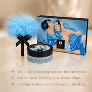 Shunga Kissable Body Powder Coconut Thrills 75 gr met blauwe set, veerkwast en tekst over luxe ritueel
