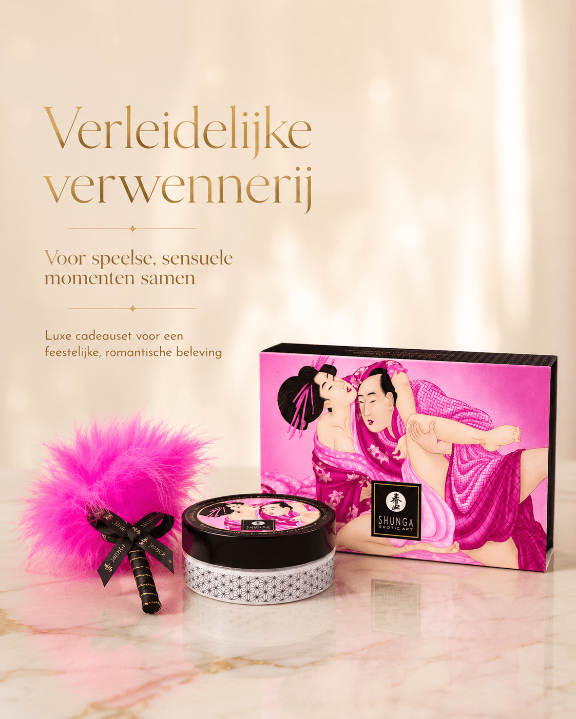 Shunga Kissable Body Powder Raspberry Feeling 75 gr met roze doos, roze veerkwast en tekst Verleidelijke verwennerij