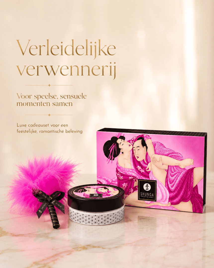 Shunga Kissable Body Powder Raspberry Feeling 75 gr met roze doos, roze veerkwast en tekst Verleidelijke verwennerij