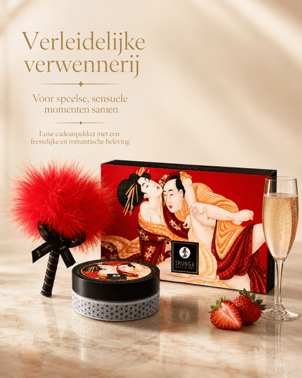 Shunga Body Powder Sprankelende Aardbeienwijn met rode veerkwast, aardbeien en tekst Verleidelijke verwennerij