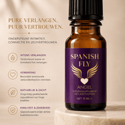 Spanish Fly Angel flesje 10 ml met paars label op beige podium, naast tekst Pure verlangen, puur vertrouwen