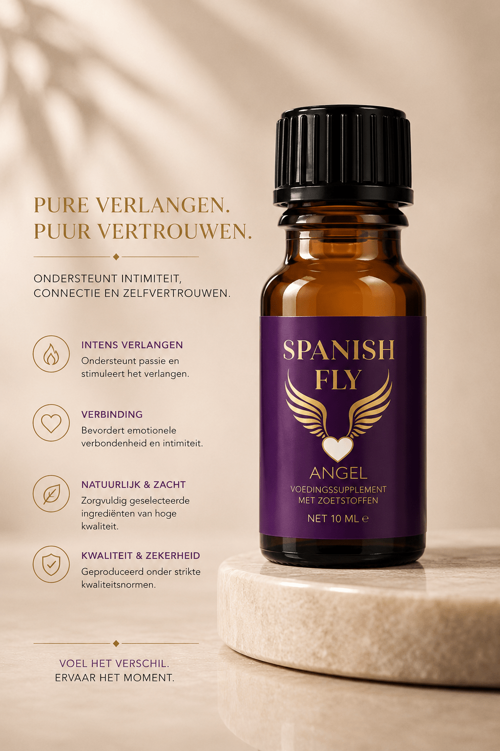 Spanish Fly Angel flesje 10 ml met paars label op beige podium, naast tekst Pure verlangen, puur vertrouwen